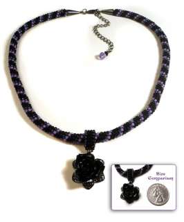 Necklace seed beads tubular peyote Gothic black rose  