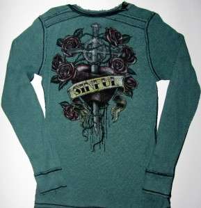 Womans SINFUL by Affliction Black Teal Reversable Thermal Top Size 