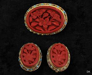   Sterling Silver Red Carved Cinnabar Clip On Earrings & Pin/Brooch Set