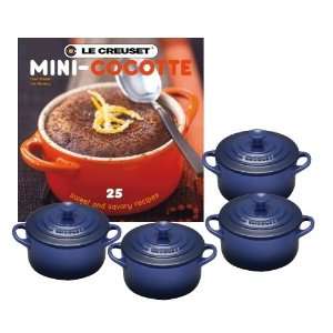  Le Creuset Set of 4 Mini Cocottes w/ Bonus Cookbook Cobalt 