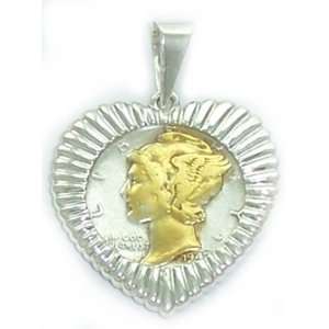  Sterling Silver Mercury Dime Pendant w/gold highlighted 