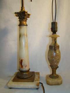 Pair (2) Antique VICTORIAN ONYX Urn & COLUMN Old ALABASTER Parlor LAMP 