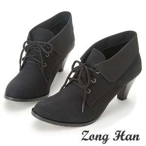 Womens Shoelace Turndown Collar Shoelace Ankle Med Heels Boots in 