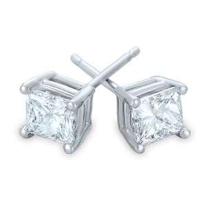 18KWhite Gold Genuine Conflict Free Princess cut Diamond Stud Earrings 