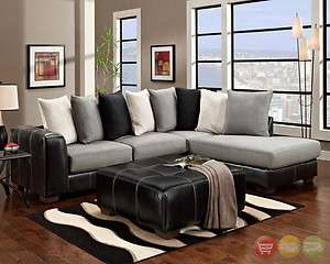 Casual Black & Gray Loose Pillow Back Microfiber Sectional w/ Chaise 