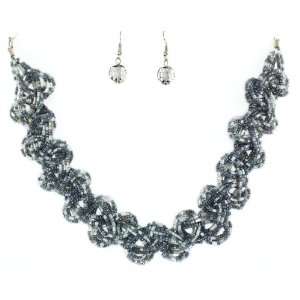  Gray Braided Beads and Sequins Necklace and Earrings Set 