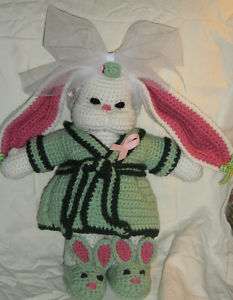 Hand Made Crochet Bunny with Green Robe and Slippers  