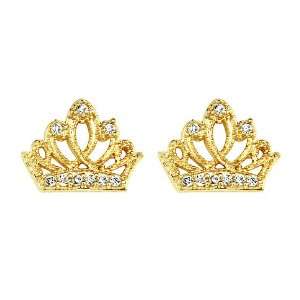  14K Yellow Gold Plated Crown CZ Stud Earrings with Screw 
