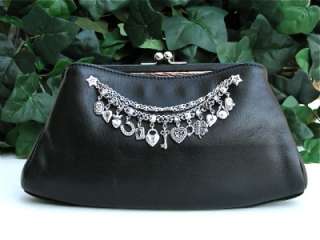   ROXY Black Leather Silver Hearts Lucky Charms CLUTCH SHOULDER BAG NWT