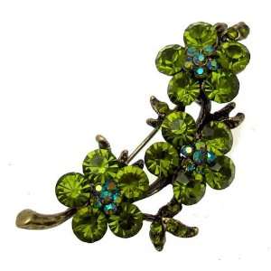  Acosta   Olive Green Crystal   Triple Floral Flower Brooch 
