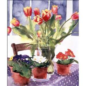  Tulips and Primulas by Richard Akerman. Size 16 inches 