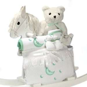 Gender Neutral Green & White Rocking Horse New Baby Gift Set   Great 