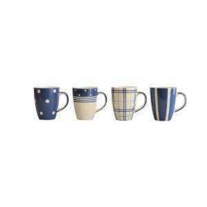  Euro Ceramica Kitchen Mugs, Set of 4 Assorted Patterns, Blue 