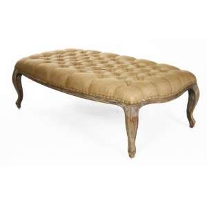 French Country Rustic Burlap Tufted Cocktail Ottoman 