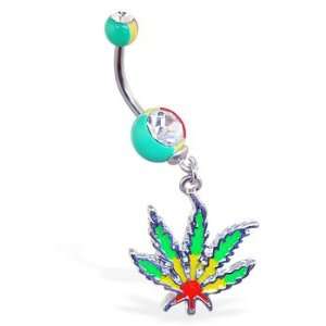   colored double jeweled belly ring with dangling pot leaf Jewelry