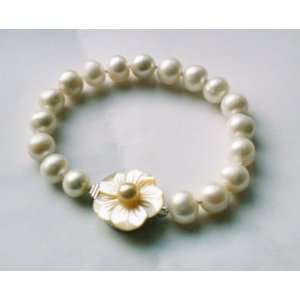   Big 10mm White Pearl & Shell Flower Clasp Bracelet