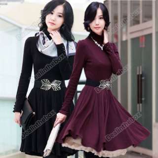   Women OL Stylish Slim Dress Fashion High Neck Long Sleeve Black Purple