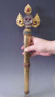 Old Tibet Tibetan Crystal 24K Gilt Bronze Skull Phurpa Dagger  