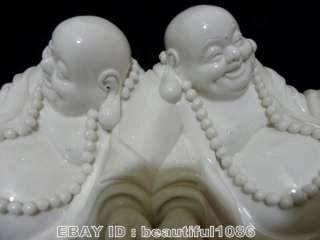 White Porcelain pairs laughing lying buddha wood base  