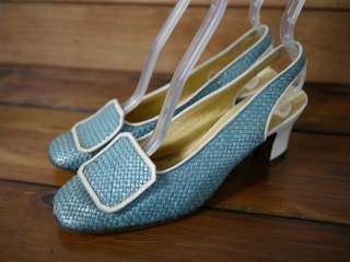 Vintage 50s LORD & TAYLOR Turquoise Italian Woven Slingback PUMPS 7 B 