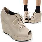 Womens platform lace up high wedge heel open toe ankle bootie shoes 