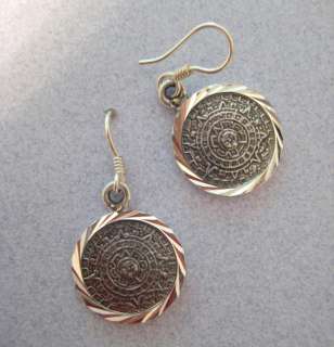   925 Silver Taxco Large AZTEC SUN CALENDAR Oxidized Dangling Earrings