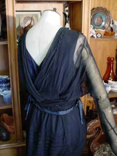 Mid 1920s CREPE de CHINE SATIN DRESS Midnight Blue Black STRAIGHT LINE 
