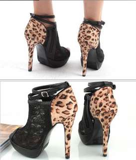 STARing~LEOPARD~Sexy Lace Peep Toe Stiletto Ankle Boots  