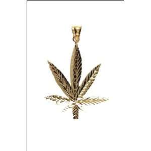  14k Yellow Gold, Hemp Marijuana Leaf Pendant Charm 40mm 