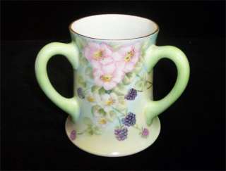   Porcelain Hand Painted Blackberries 3 Handled LOVING CUP Tankard Mug