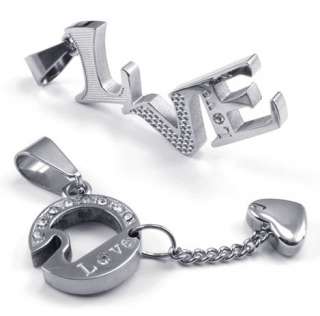 Stainless Steel Mens Love Letters Heart Jigsaw Necklace Pendant Set 
