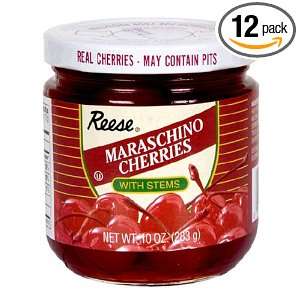 Reese Red Maraschino with Stem, 10 Ounce Jars (Pack of 12)  