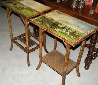   of Antique English Regency Bamboo Tables w Hunt Scene Paintings w Dogs