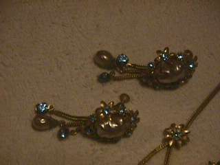 vtg Lisner pearl blue rhinestone necklace earrings set  