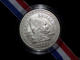 2000 $1 Silver Leif Ericson BU+ Nice Clean White Coin In Original Box 