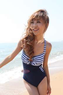 Nautical Stripe Keyhole High Waist Halter One Piece Swimsuit Bathing 