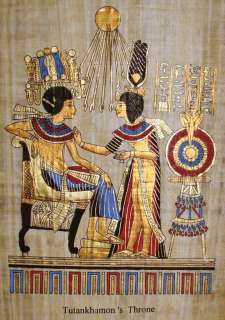   Handpainted Papyrus Art King Tutankhamun with his Queen Golden Throne