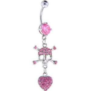    Pink Cubic Zirconia Skull and Heart Dangle Belly Ring Jewelry