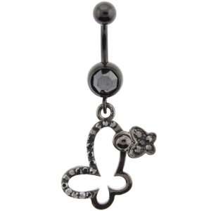 Black Anodized Double Butterfly Belly Ring with Crystals   14G (1.6mm 