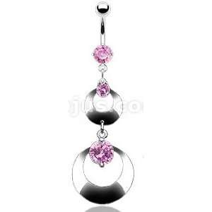  Prong Set Gem Navel with Double Loop Pink CZ Dangle 