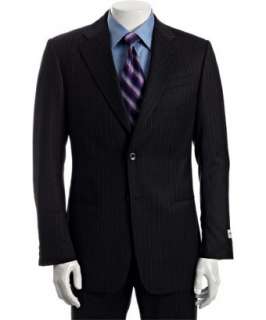Armani navy pinstripe wool 2 button suit with flat front pants 