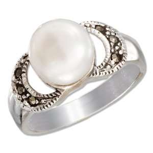    STERLING SILVER FRESH WATER PEARL AND MARCASITE MOON RING Jewelry