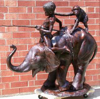 Large Cast Bronze Boy & Monkey Riding Elephant Statue  