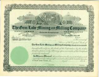 Gem Lode Mining Milling Co. Colorado Stock Certificate  