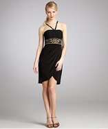 Sue Wong black beaded and pleated jersey halter party dress style 