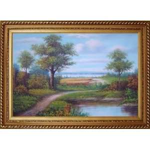 Path, Pond, Trees and Blue Sky Oil Painting, with Exquisite Dark Gold 