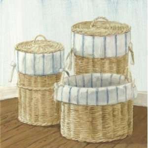  Baskets With Blue Striped Cloth   Poster by Catherine 