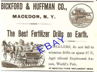 1893 BICKFORD HUFFMAN DRILL AD MACEDON NY WORLDS FAIR  
