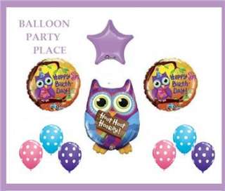 HOOT OWL birthday party supplies balloons decorations pink purple 