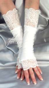 LONG WHITE SPANDEX FINGERLESS GLOVES WITH LACE CUFFS  